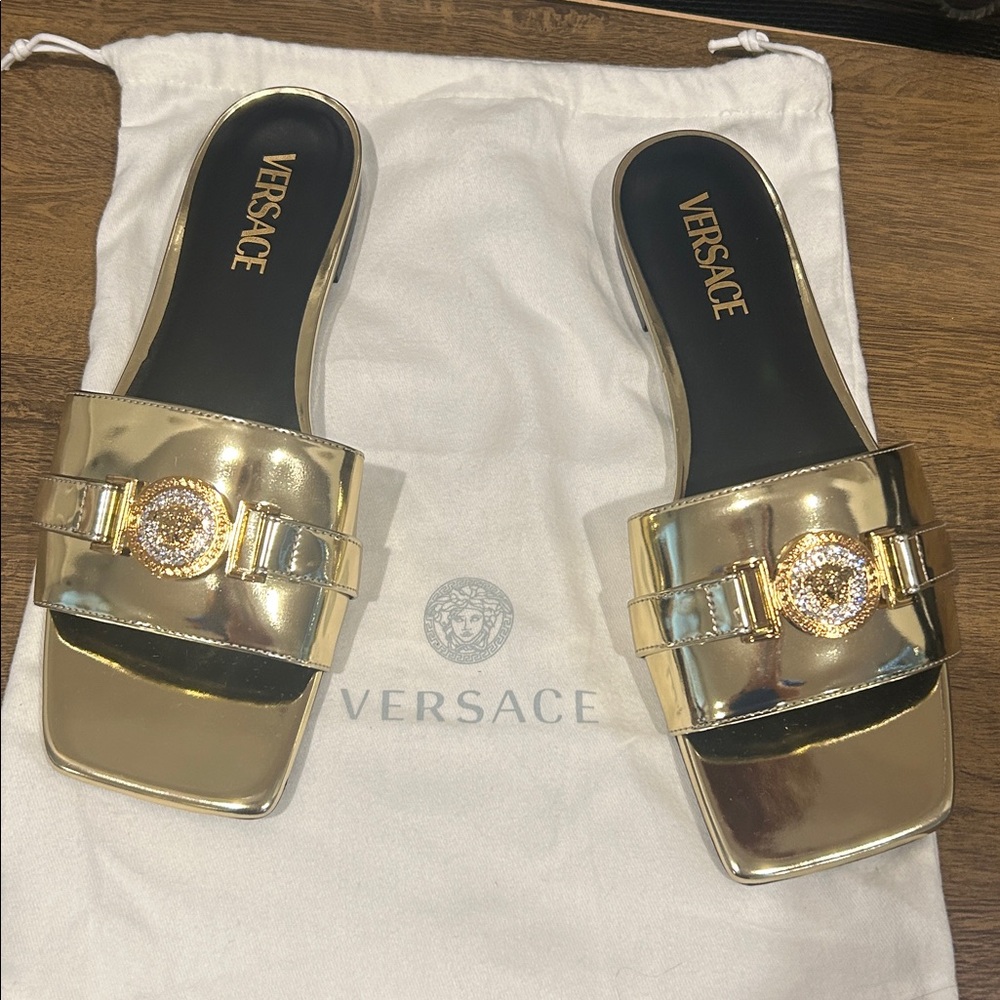 Versace Metallic Gold Slide Sandals NEW with dustbag size 39